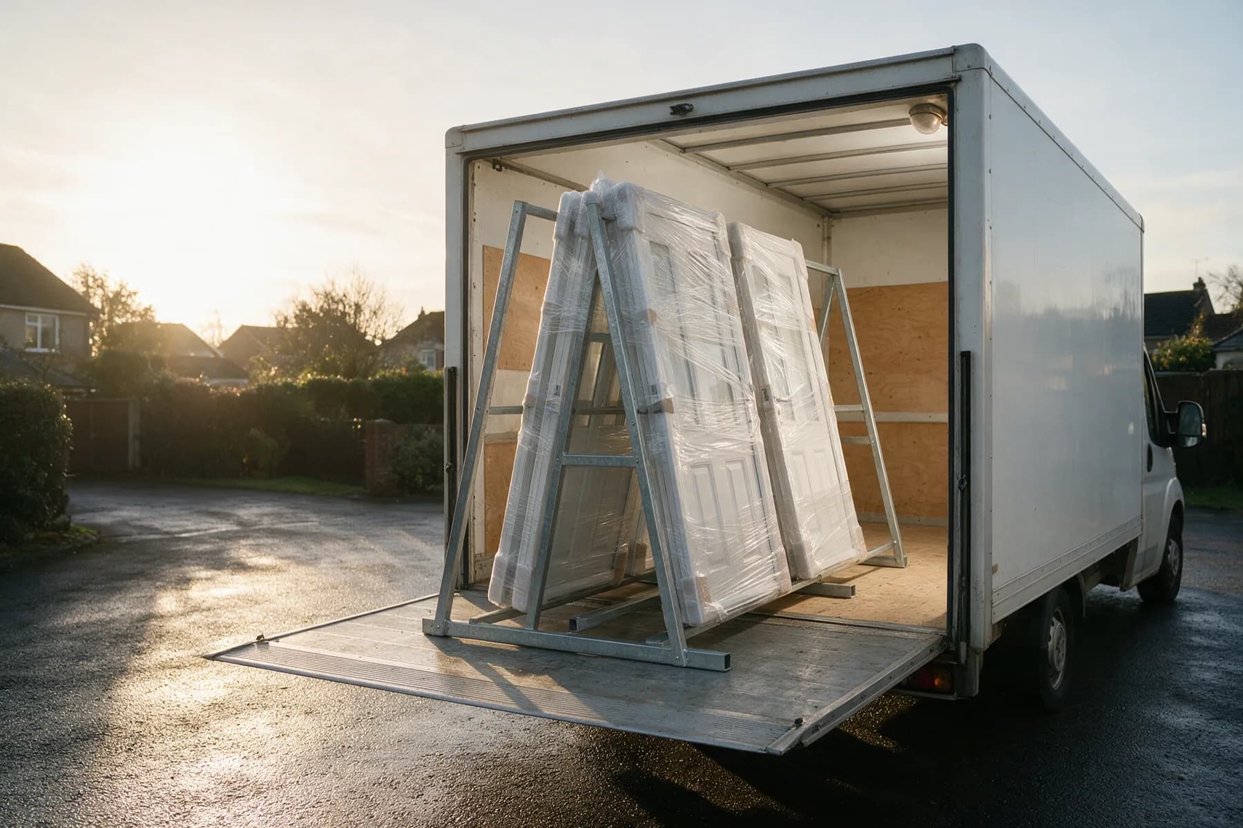 Wrapped composite door sets secured in a delivery lorry on a driveway