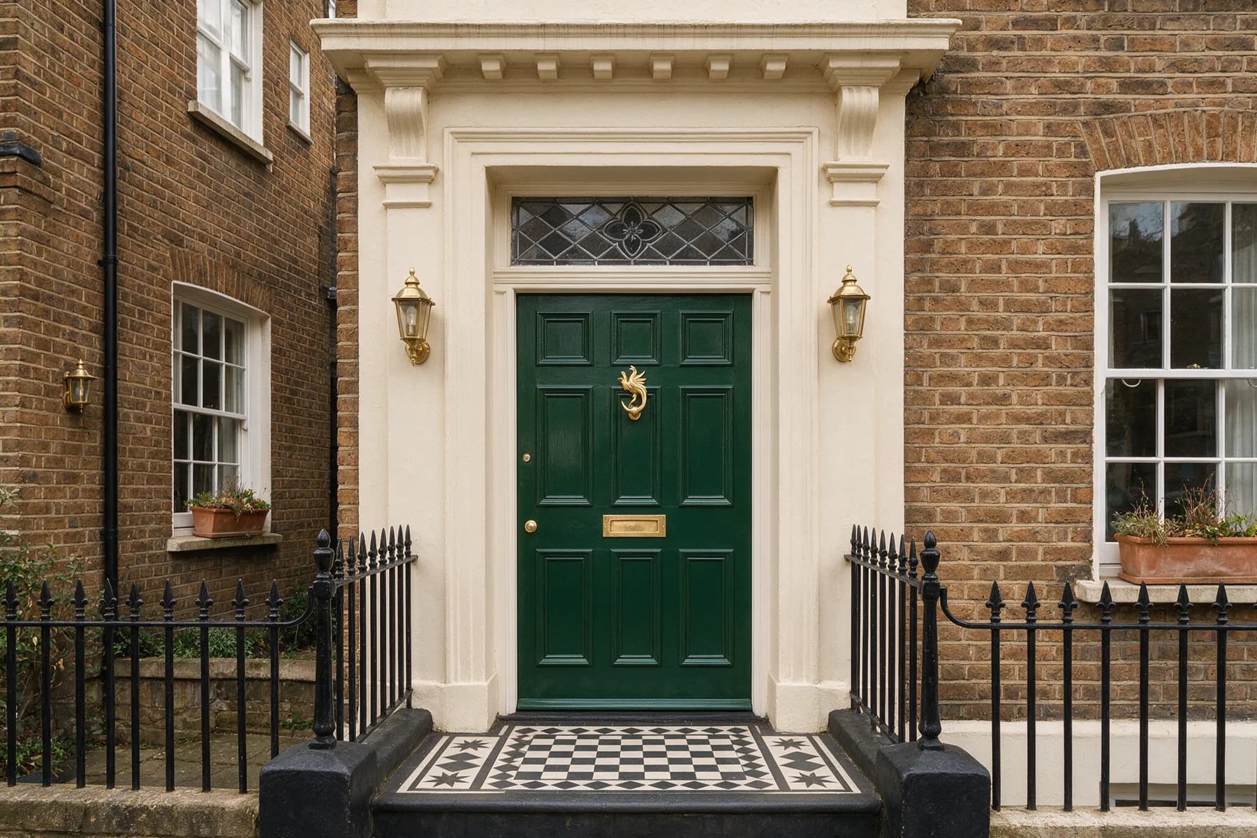 A racing green composite door with brass furniture on a Victorian terrace
